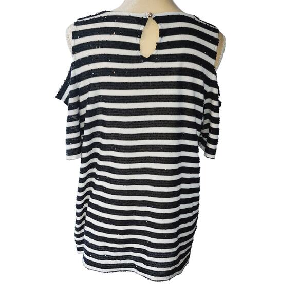 Chico's Sequin Striped Cold-Shoulder  Black White Top Size 2 Medium - Picture 4 of 5